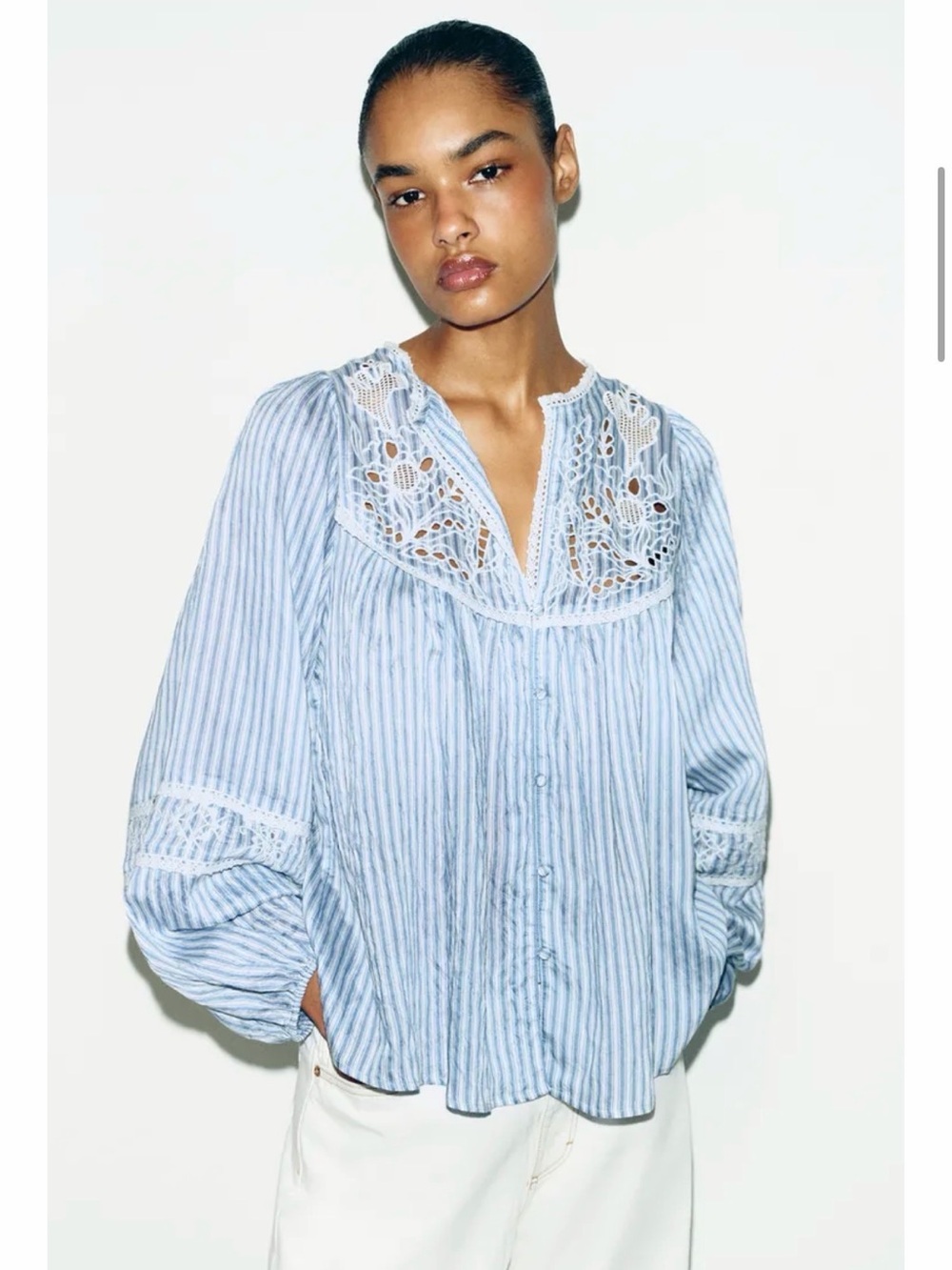 Zara Light Blue Striped Lace-Yoke Button Front Blouse